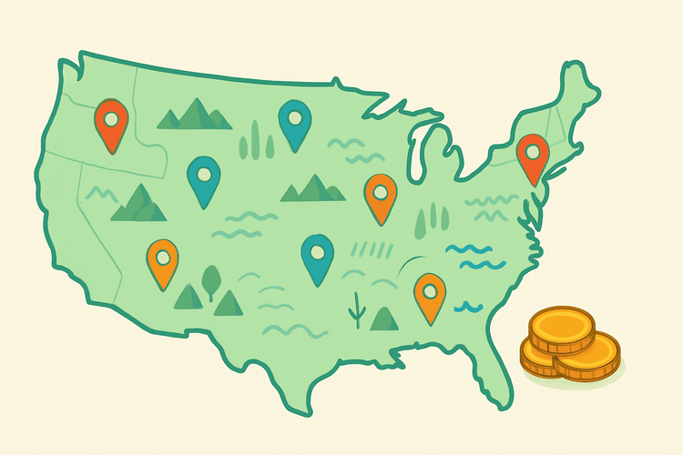 Stylized map of the USA with location pins and coin icons, representing planning for cheap places to travel in the us