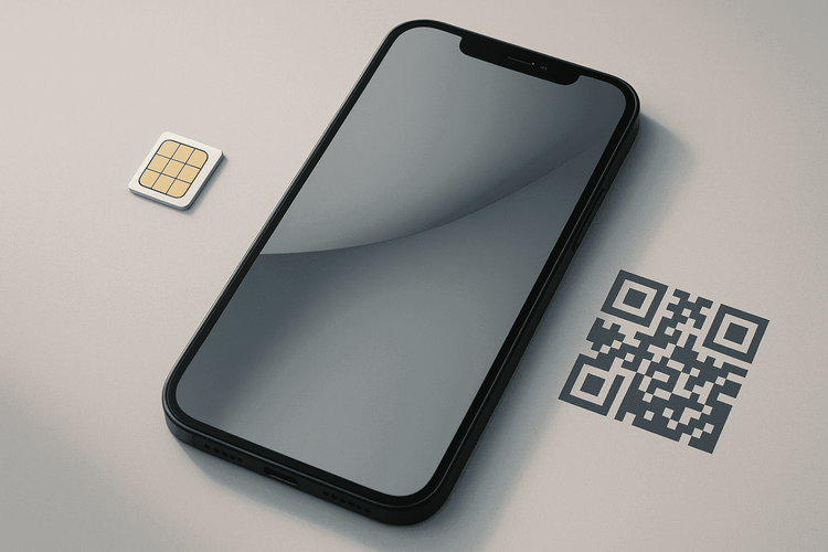 Modern smartphone showing concept where you can use eSIM with a regular SIM, physical SIM and QR code visible