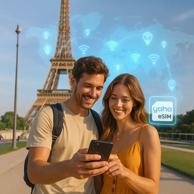 a vibrant, photorealistic image capturing the spirit of a carefree European summer with Yoho Mobile eSIM: