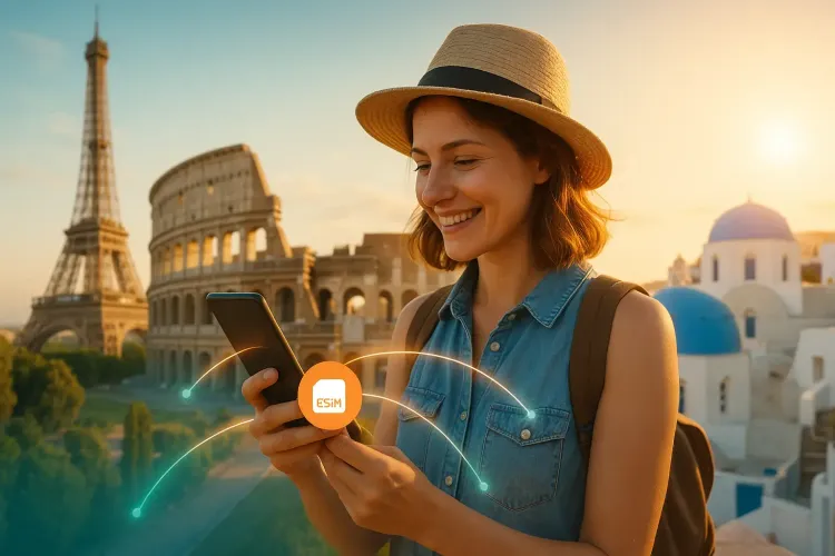 iconic European landmarks (Eiffel Tower, Colosseum, Santorini domes) with a traveler happily using her phone, visually reinforcing the “stay connected with an eSIM” theme for a 2025 summer adventure.