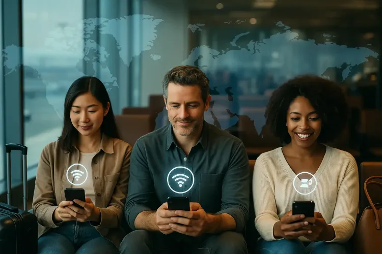 Three travelers of diverse backgrounds seated in an airport lounge, each focused on their smartphones, with a translucent world map and glowing connectivity icons conveying global eSIM mobile data access.