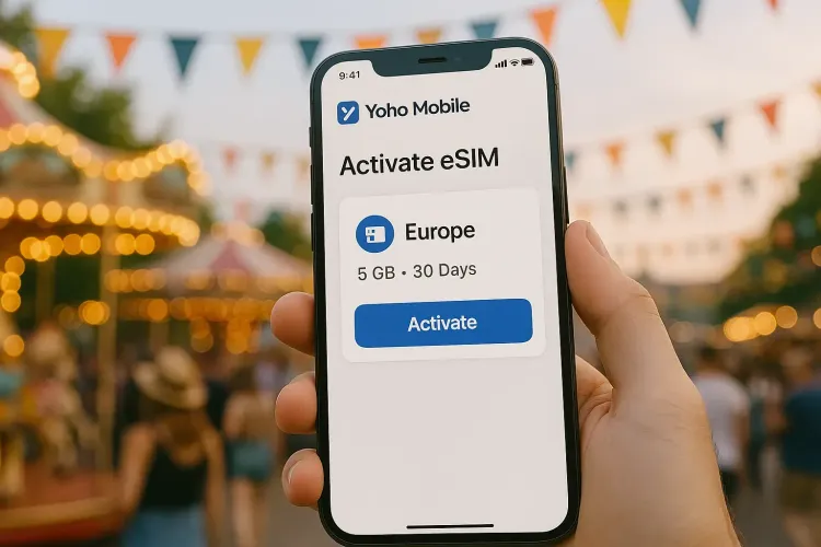 Smartphone showing easy Yoho Mobile eSIM activation with a European summer festival blurred in the background