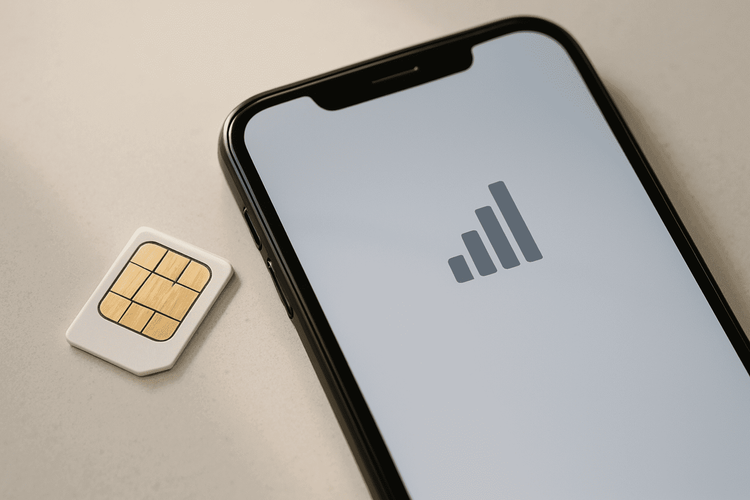 Smartphone with weak signal bars next to a physical SIM card, illustrating why you might need to know how to clean a sim card