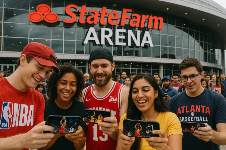 NBA fans holding smartphones outside State Farm Arena