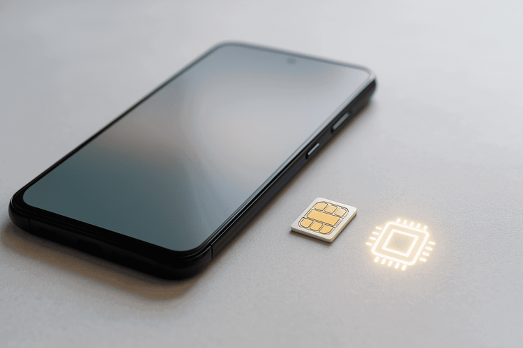 Modern Android phone shown with physical nano-SIM and eSIM icon, illustrating options when considering how much is a sim card for android.