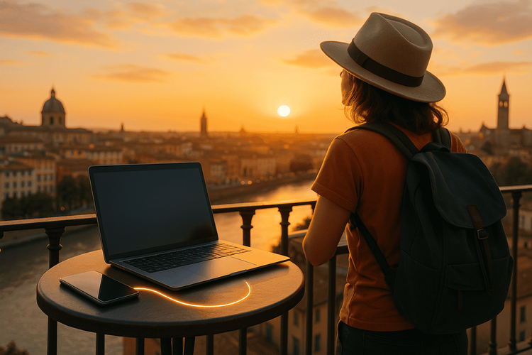 A traveler using their phone as an eSIM hotspot to stay connected while overlooking a city abroad.