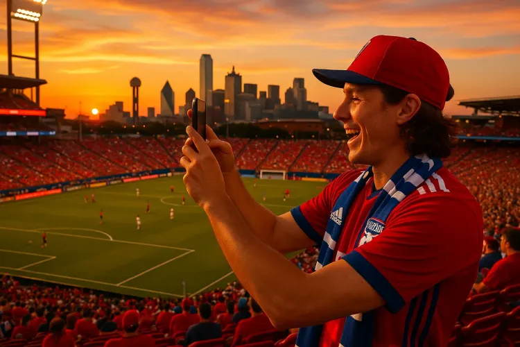 Soccer fan taking photos inside a stadium during sunset, wearing team colors