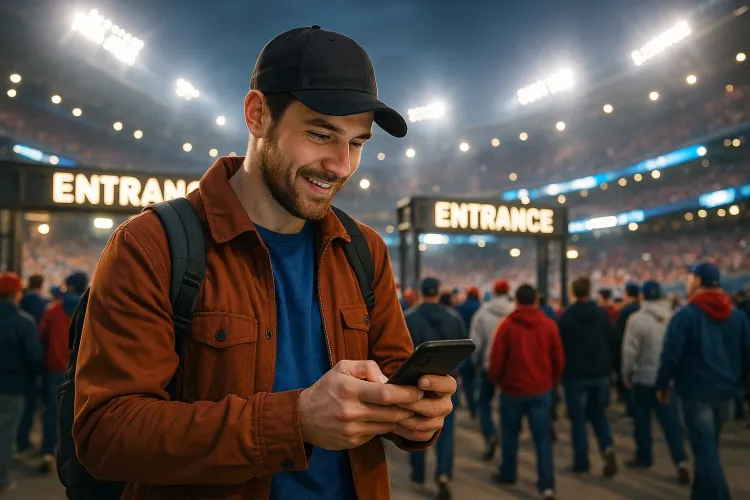 Sports traveler checking phone at stadium entrance with crowd and bright lights