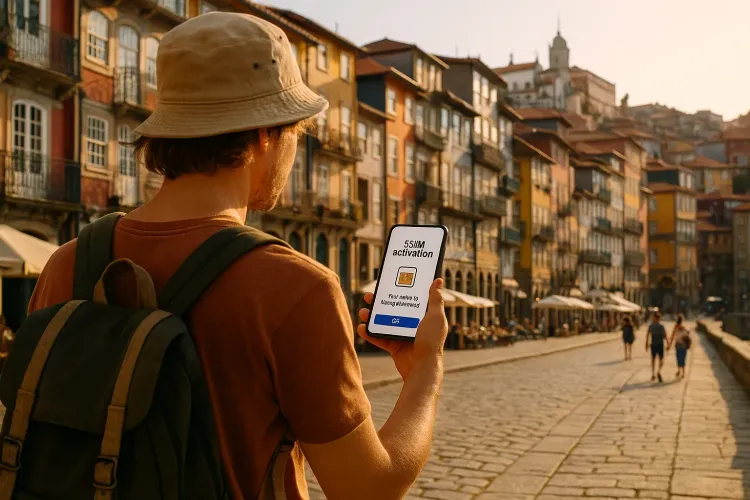 Tourist walking through Porto’s historic Ribeira district while checking an eSIM activation screen on their phone