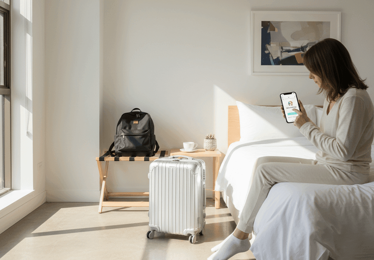 Traveler activating eSIM in hotel room