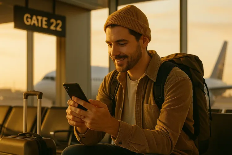 Traveler at an airport gate checking a smartphone for eSIM instructions