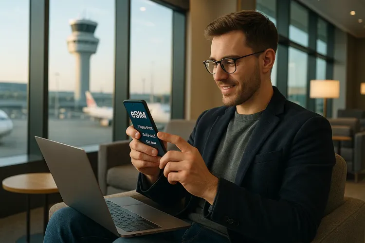 Traveler checking flight details on smartphone
