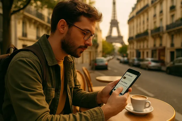 Traveler checking local news and lottery results on smartphone at a café in Paris, morning light and cozy urban atmosphere