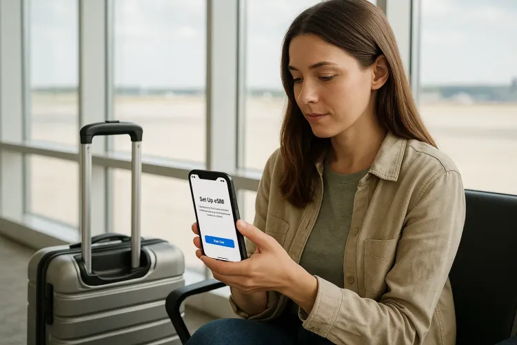 Traveler checking phone at airport gate before boarding