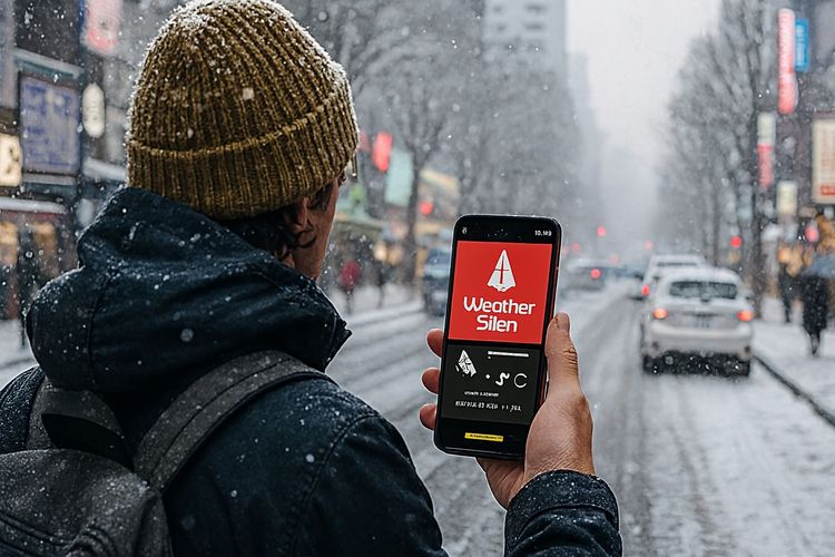 Traveler checking weather alert on smartphone in snowy Seoul