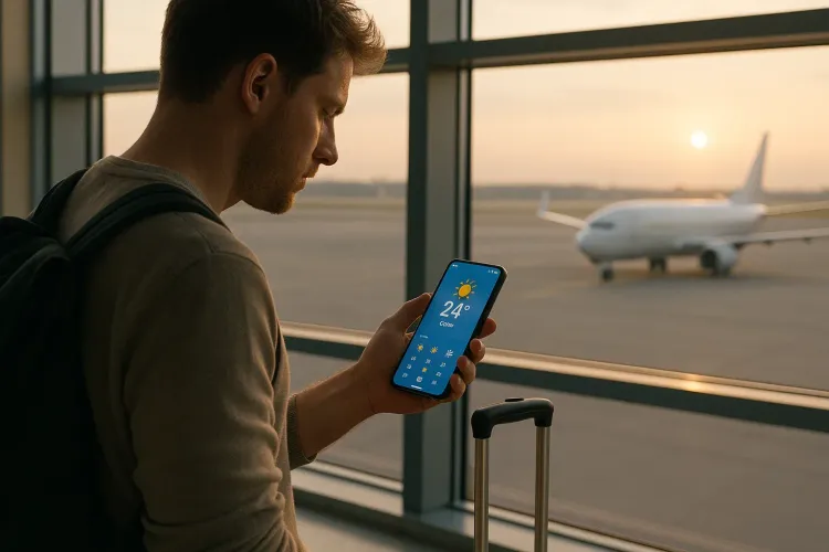 Traveler checking weather app while standing near an airport window