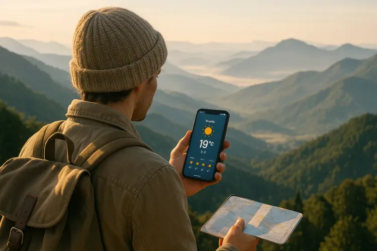 Traveler checking weather forecast app on smartphone while overlooking mountains