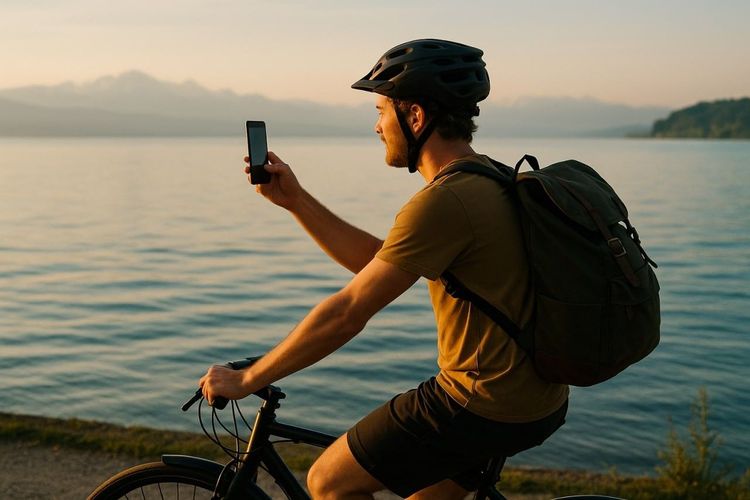 Traveler cycling along Lake Constance with smartphone in hand, blue water and mountains in background, early morning sunlight
