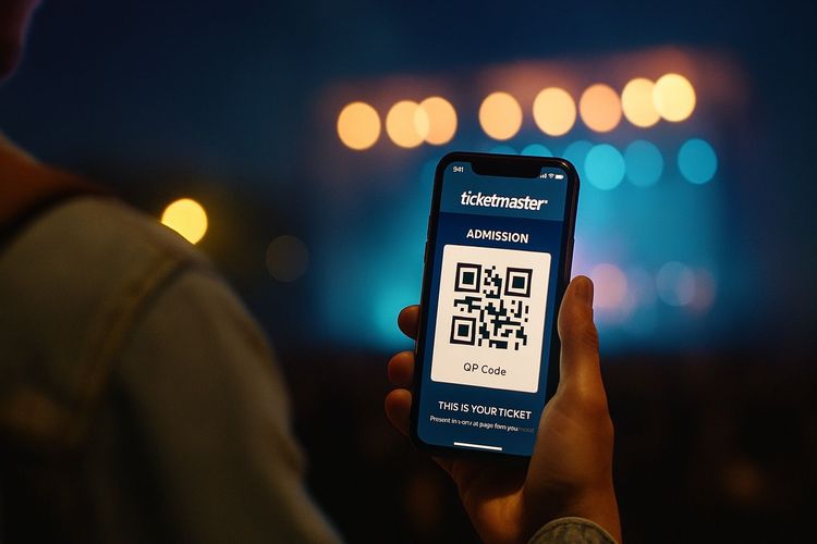 Traveler displaying Ticketmaster digital ticket on phone screen