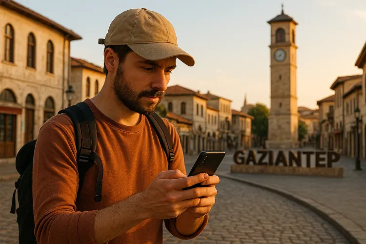 Traveler exploring Gaziantep city center with a smartphone