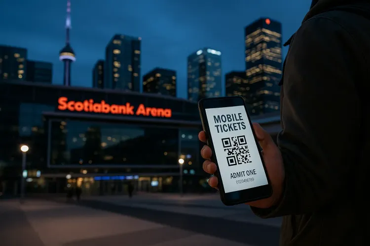 Traveler holding a smartphone with mobile tickets near Scotiabank Arena