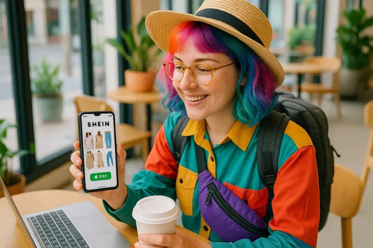 Traveler holding smartphone shopping on SHEIN app in a café abroad