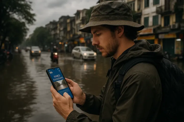 Traveler in Hanoi using a smartphone to check flood updates