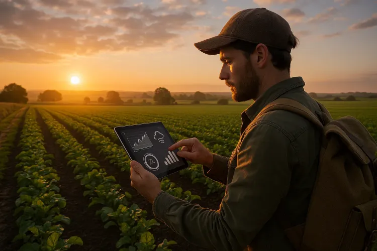 Traveler in a rural landscape checking farming data on a tablet while standing near crops at sunrise