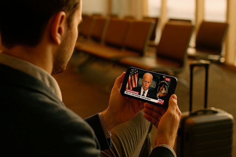 Traveler in airport lounge watching live political news on phone, modern realistic photography, calm warm lighting, focus on mobile screen streaming news channel
