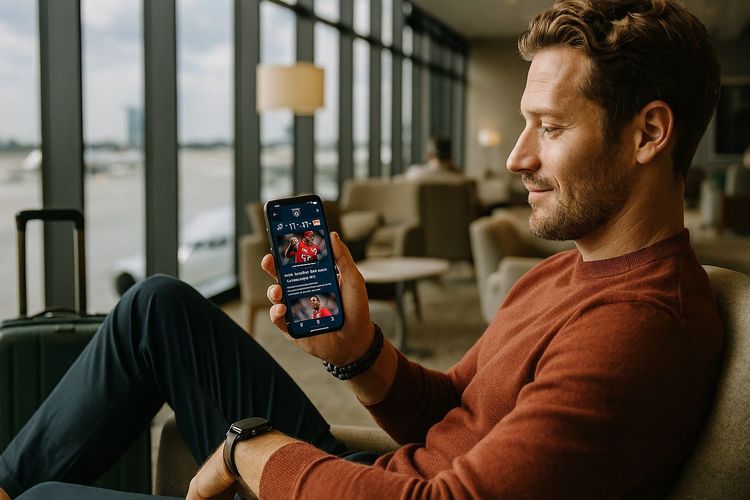 Traveler in an airport lounge holding phone showing NFL updates, relaxed vibe, modern global traveler style, purpose illustrate staying connected abroad to watch sports and follow NFL news