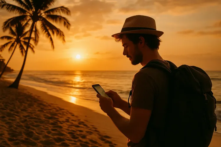 Traveler on a Bali beach checking a smartphone