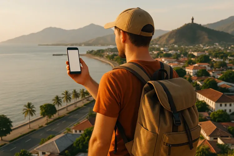 Traveler overlooking Dili’s waterfront with a smartphone
