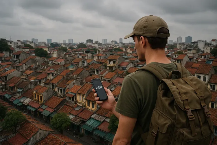 Traveler overlooking Hanoi Old Quarter during cloudy weather