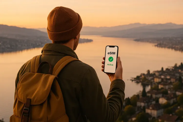 Traveler overlooking Lake Zurich with a smartphone showing active eSIM