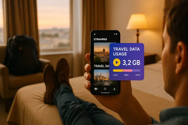 Traveler relaxing in a hotel room abroad