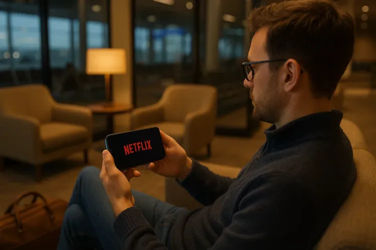 Traveler relaxing in an airport lounge watching Netflix on a smartphone with an active eSIM plan