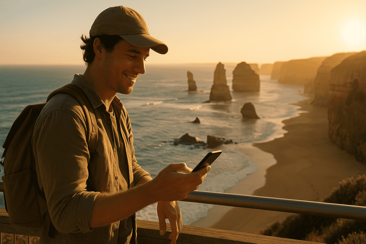 Traveler enjoying connectivity with the best eSIM for Australia amidst iconic scenery.