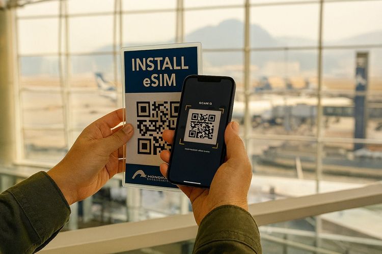 Traveler scanning QR code at Hong Kong Airport