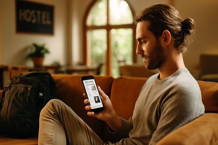 Traveler sitting in a cozy hostel lounge scrolling through international news on a smartphone, warm natural light, calm travel vibe, purpose: staying informed abroad