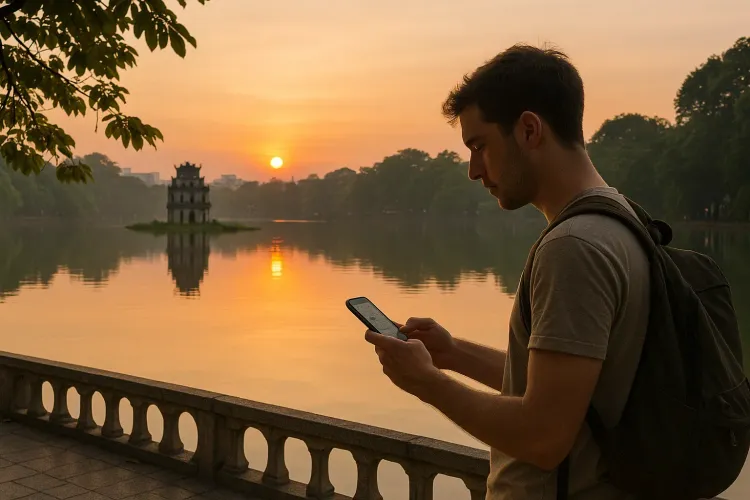 Traveler standing beside Hoan Kiem Lake at sunrise checking phone for maps or info