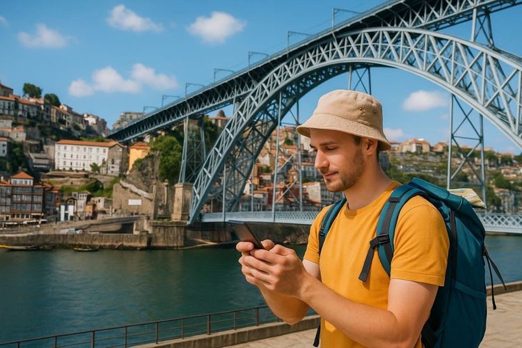 Traveler standing by Porto’s Dom Luís I Bridge with smartphone, checking map using mobile data