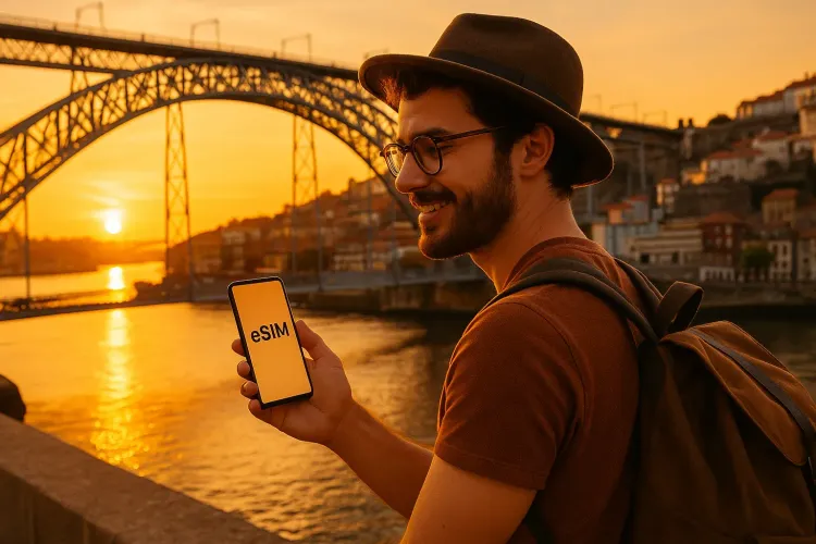 Traveler standing by Porto’s Dom Luís I Bridge holding a phone with an active eSIM