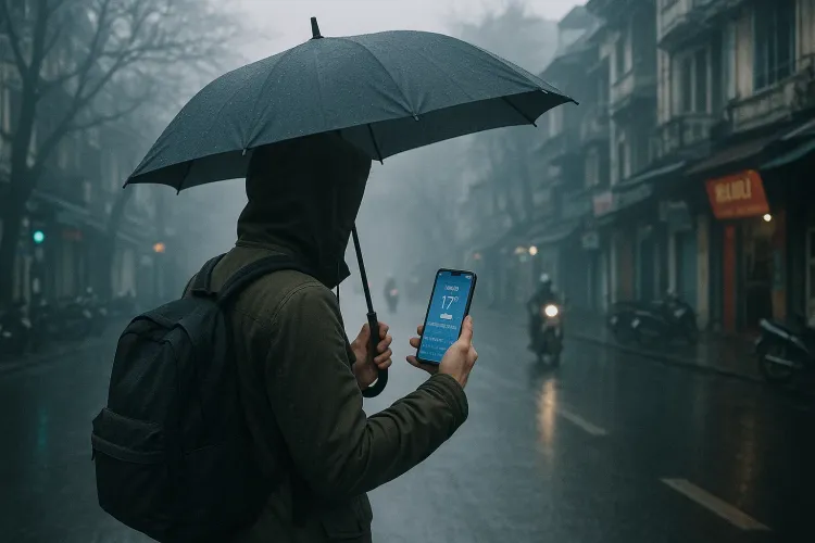 Traveler standing in misty Hanoi street with umbrella and smartphone open to weather app