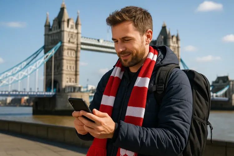 Traveler standing near London’s Tower Bridge using a smartphone