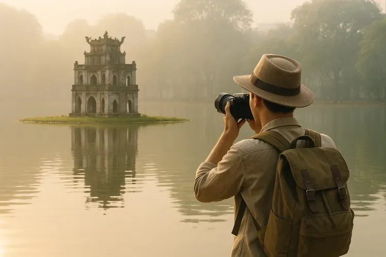 Traveler taking photos at Hoan Kiem Lake with Turtle Tower in the background