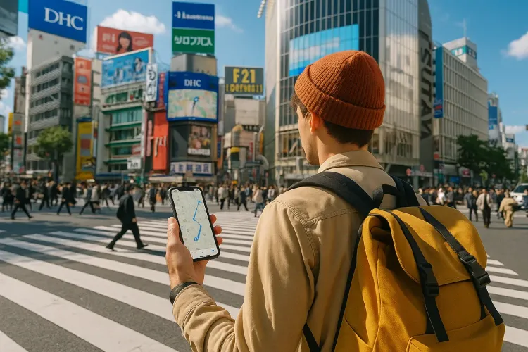 Traveler through Shibuya Crossing