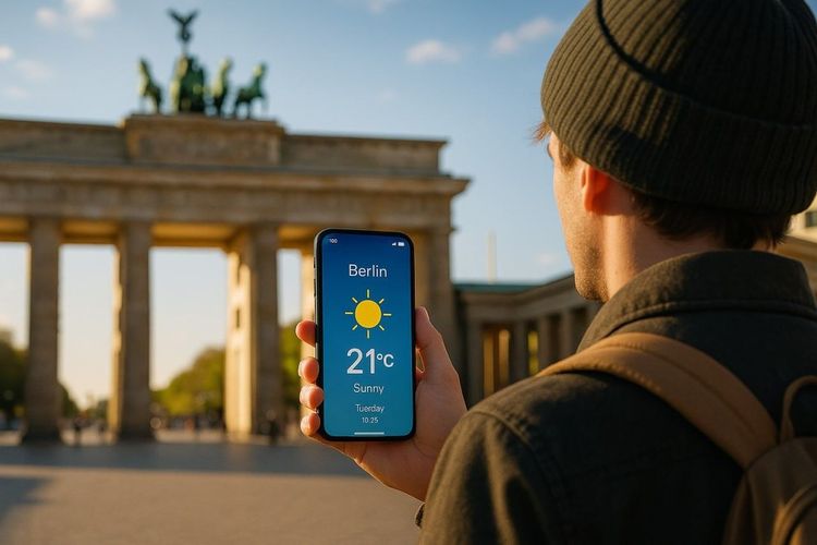 Traveler using a smartphone in Berlin with live weather updates displayed on screen, sunny morning at Brandenburg Gate
