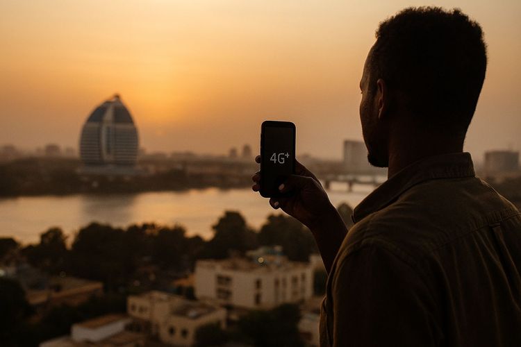 Traveler using a smartphone while overlooking Khartoum skyline at sunset, calm reportage photography, focus on phone screen showing network signal — prompt for featured blog travel image