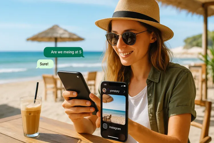 Traveler using smartphone at a beach cafe