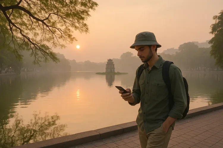 Traveler walking near Hoan Kiem Lake at sunrise while checking phone for maps